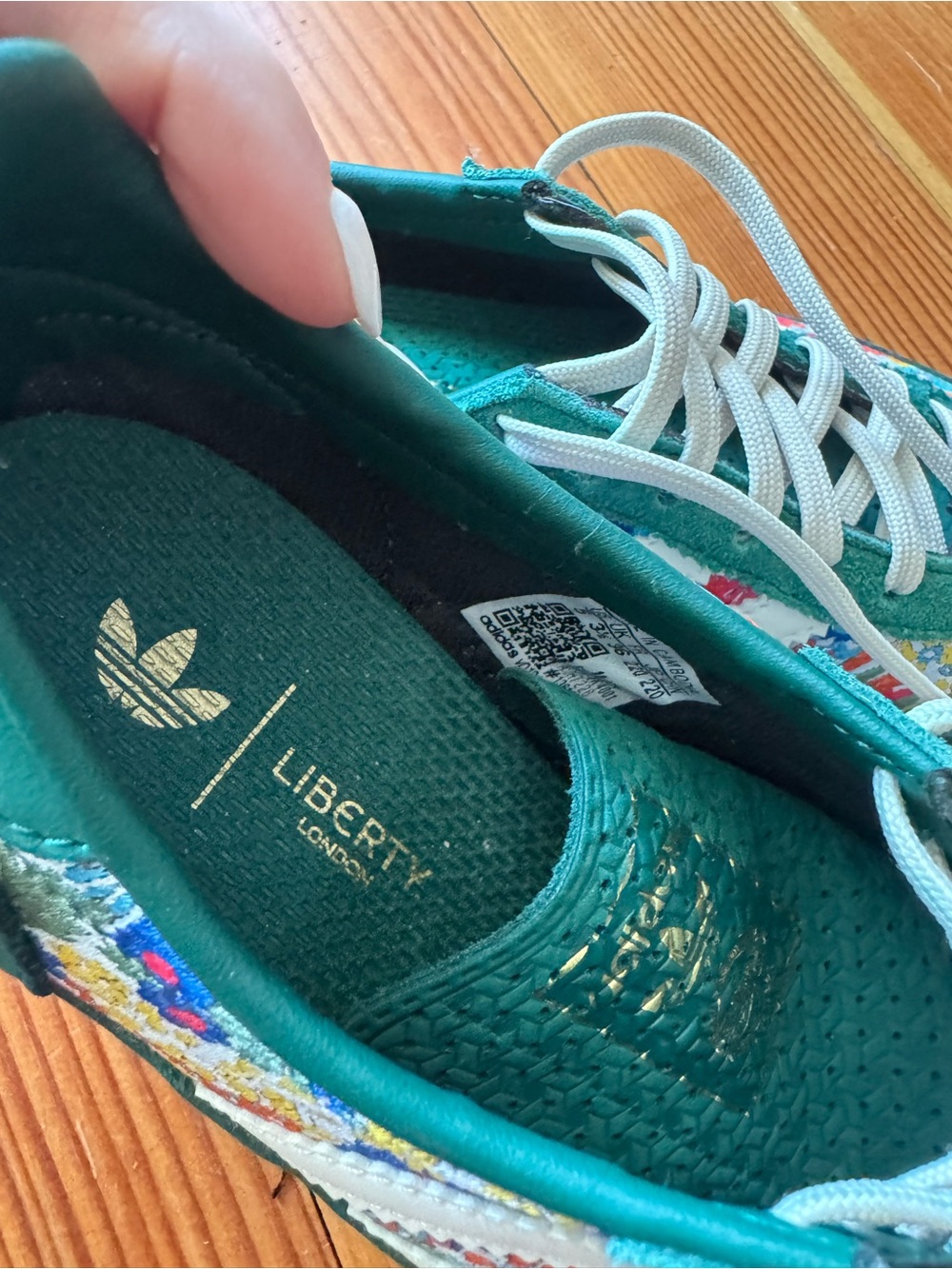 adidas Teal Green Suede Floral Panel Sneakers with White Stripes - Picture 8 of 8